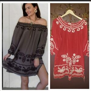 Sundance Off the Shoulder Embroidered Mini Dress in Red and White size S